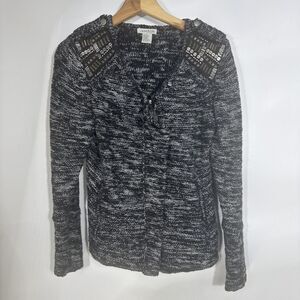 Jamison Womens Black White Marled Knit Beaded Shoulder Asymmetric Zip Cardigan M
